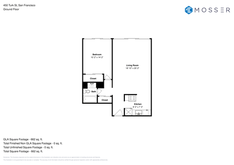 Floor plan for 1 bed, 1 bath, 614 sqft